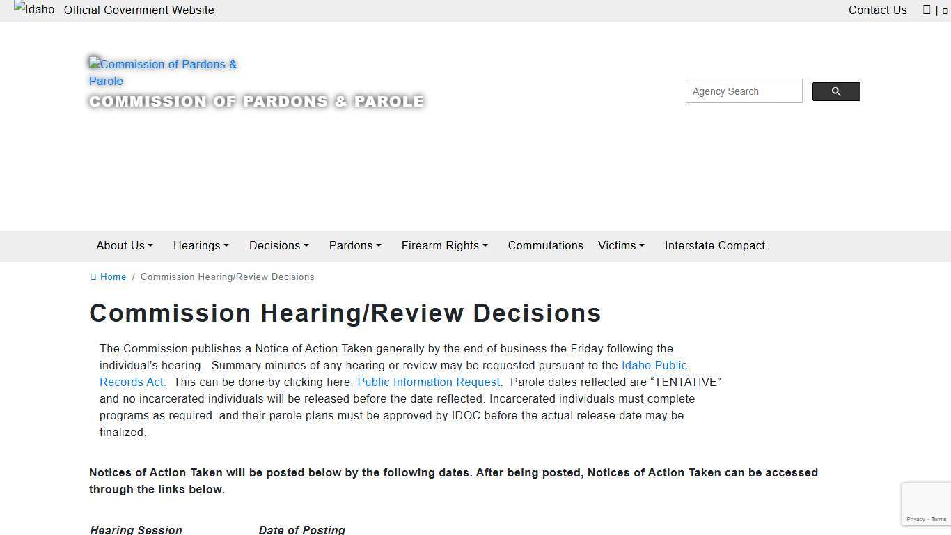 Commission Hearing/Review Decisions Commission of Pardons & Parole